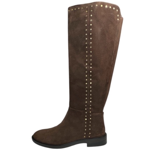 Steven Zoe Brown Suede Almond Toe Brass Tone Studded Heeled Riding Boot Size 7 - Picture 1 of 15